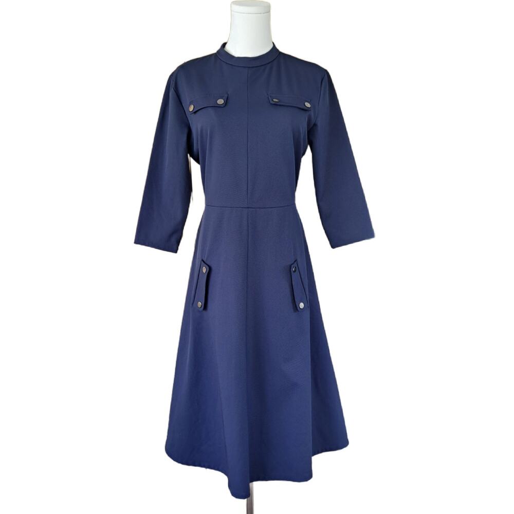 MAPLE & CLIFF Navy Blue Utility Midi A-line Dress Small Minimalist Modest Work